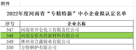 祝賀！光伏新材料通過河南省“專精特新”中小企業(yè)認(rèn)定